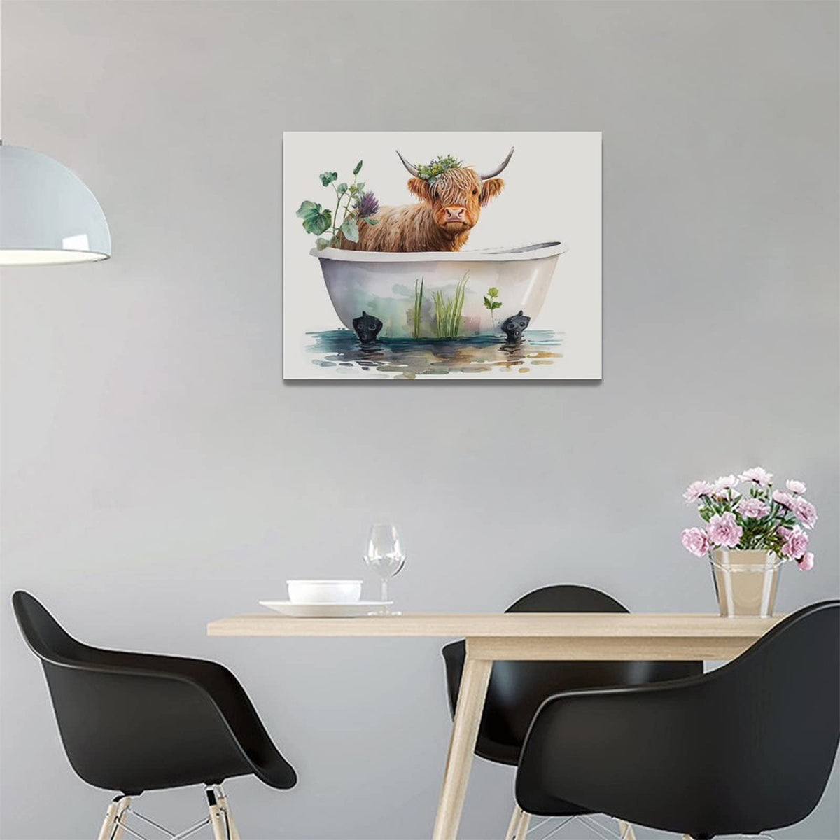 Highland Cow Bathroom Wall Art Longhorn Cow Bathtub Wall Decor Farmhouse Botanical Animals Bathroom Pictures Canvas Painting Print