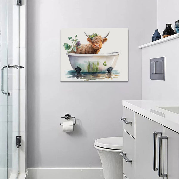 Highland Cow Bathroom Wall Art Longhorn Cow Bathtub Wall Decor Farmhouse Botanical Animals Bathroom Pictures Canvas Painting Print