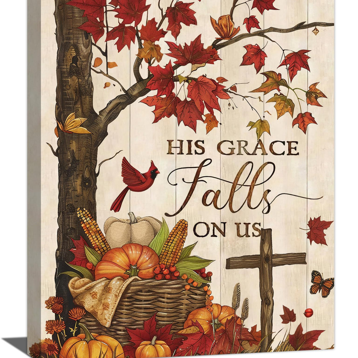 Maple Leaf Fall Decor Wall Art, Farmhouse Pumpkins Pictures Canvas Prints, Autumn Leaves Painting Harvest Thanksgiving Artwork