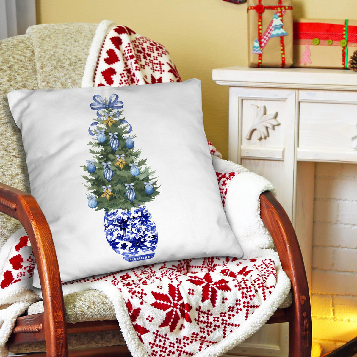Chinoiserie Christmas Tree Pillow Cover - Blue and White 18x18, Blue Coquette Bows Tree Room Decor