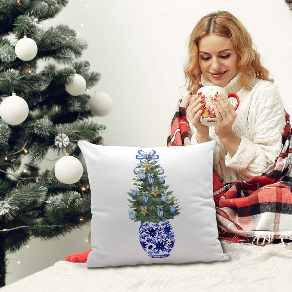 Chinoiserie Christmas Tree Pillow Cover - Blue and White 18x18, Blue Coquette Bows Tree Room Decor
