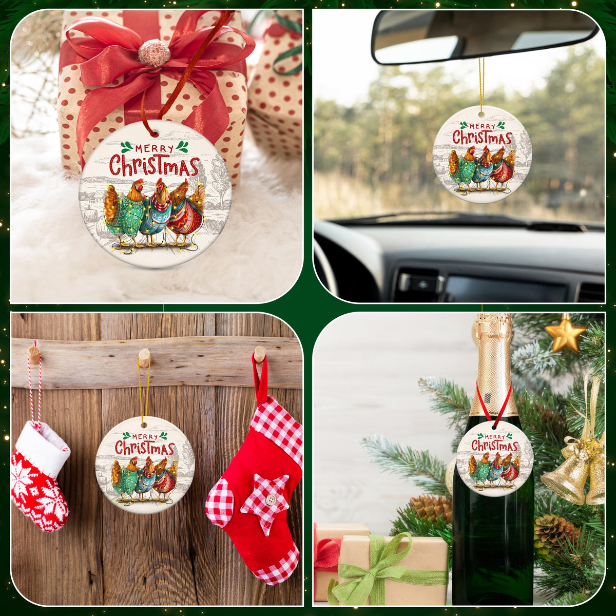 Chicken Ornaments for Christmas Tree - Ceramic Christmas Ornaments 2025 - Chicken Ornaments for Xmas Tree, Rustic Home Decor