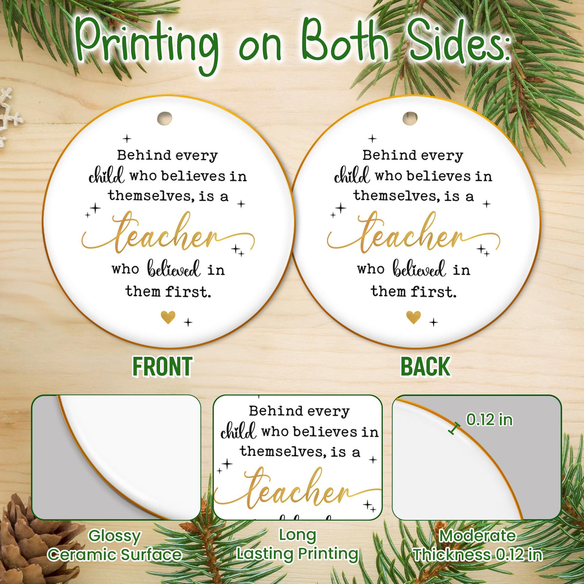 Christmas Teacher Gifts for Women Men - Ceramic Christmas Ornaments 2025 with Gold-Trimmed Edges
