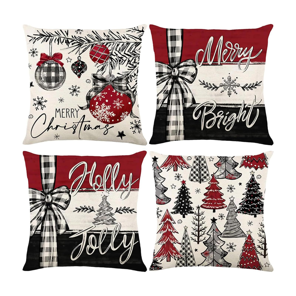 Merry Christmas Joy Xmas Trees Red Throw Pillow Covers, 18 x 18 Inch