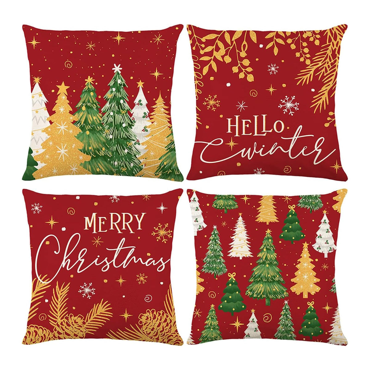 Merry Christmas Joy Xmas Trees Red Throw Pillow Covers, 18 x 18 Inch