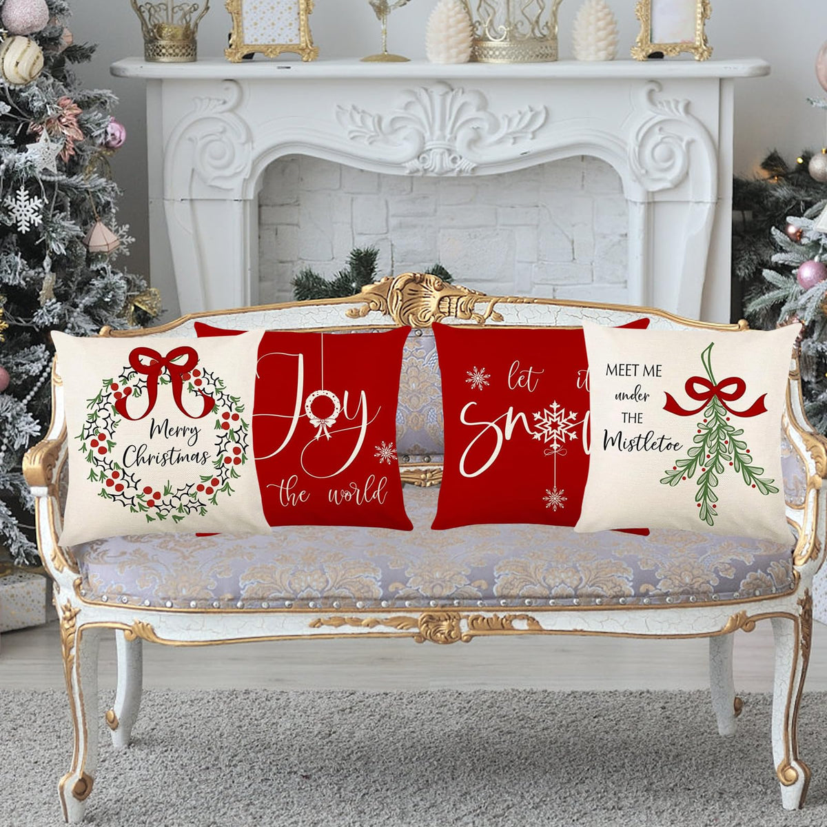 Merry Christmas Joy Xmas Trees Red Throw Pillow Covers, 18 x 18 Inch