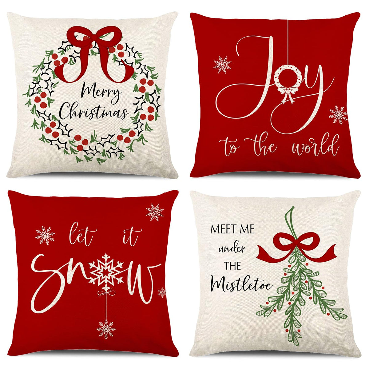 Merry Christmas Joy Xmas Trees Red Throw Pillow Covers, 18 x 18 Inch