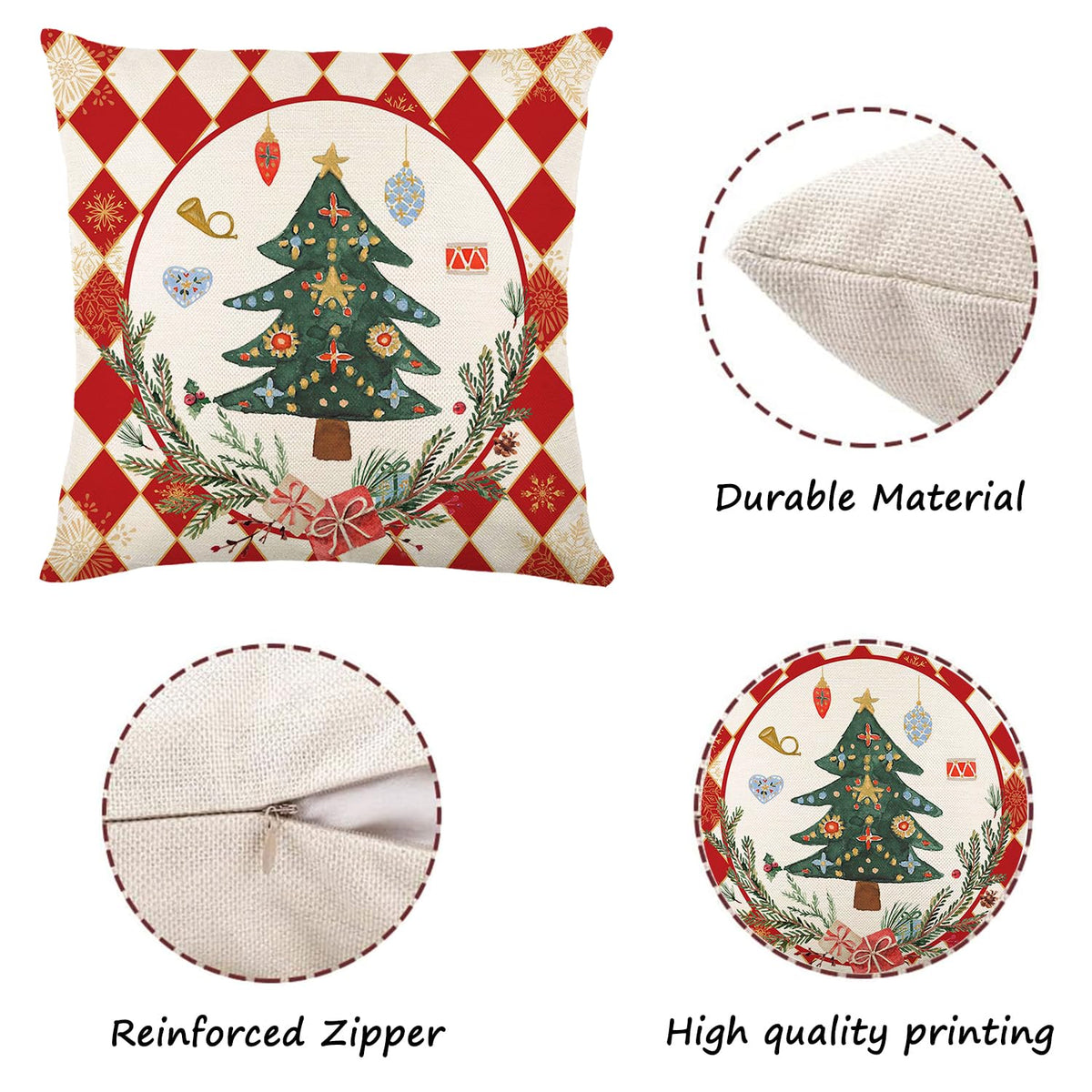 Merry Christmas Joy Xmas Trees Red Throw Pillow Covers, 18 x 18 Inch