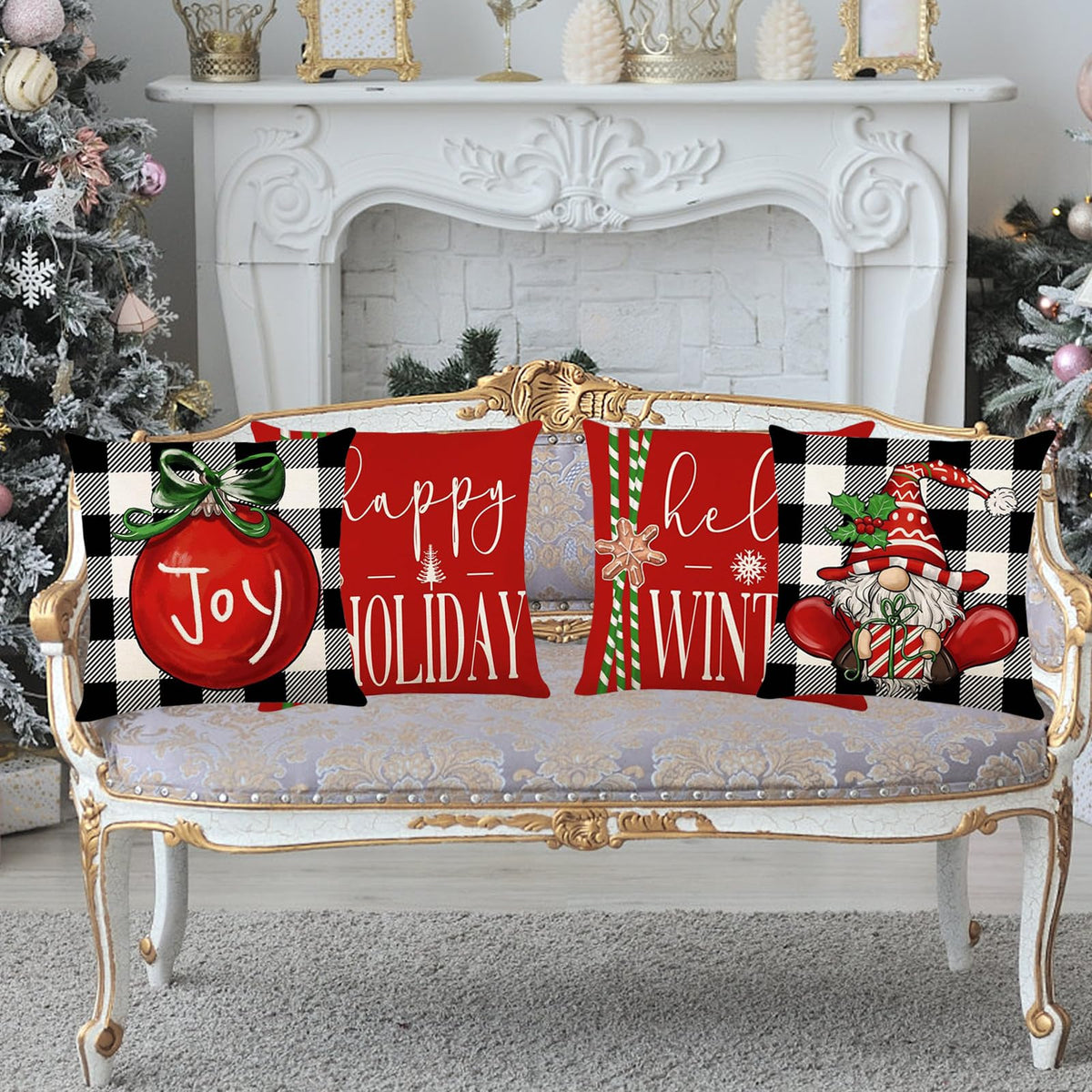 Merry Christmas Joy Xmas Trees Red Throw Pillow Covers, 18 x 18 Inch