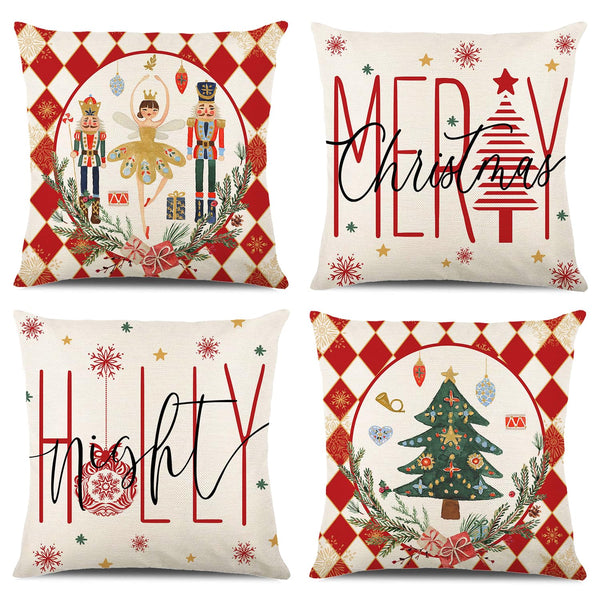 Merry Christmas Joy Xmas Trees Red Throw Pillow Covers, 18 x 18 Inch