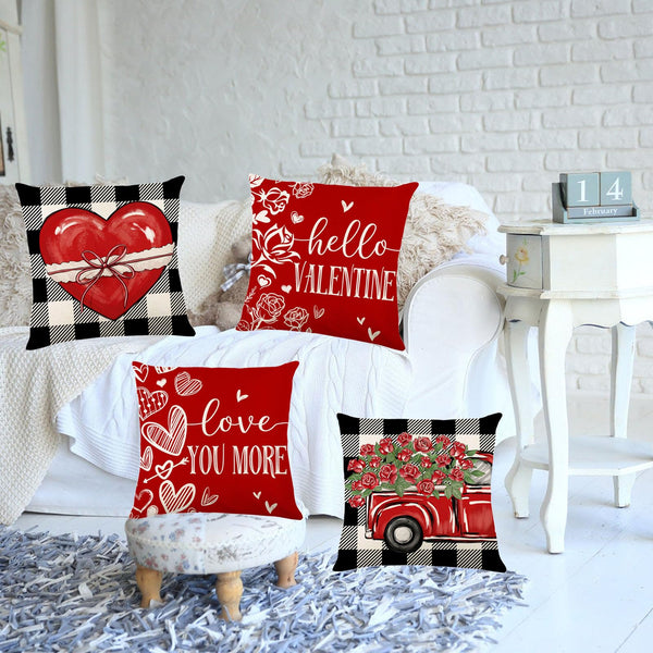 Valentines Day Decorations-Valentines Day Pillow Covers 18x18 Set of 4,Red Buffalo Check Valentine's Day