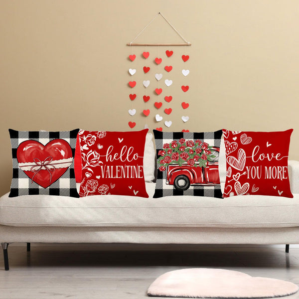 Valentines Day Decorations-Valentines Day Pillow Covers 18x18 Set of 4,Red Buffalo Check Valentine's Day