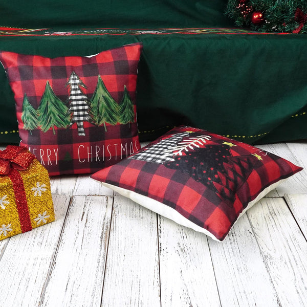 Christmas Pillow Covers 18x18 Inch Set of 2 Trees Red Black Green Red Buffalo Plaid Decorative