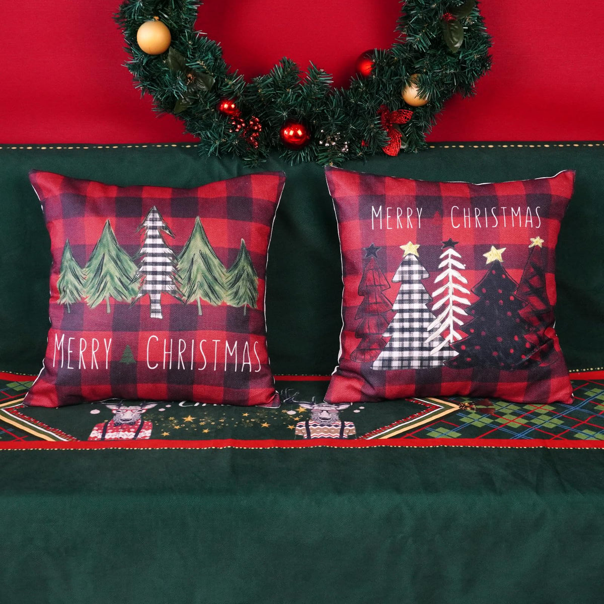 Christmas Pillow Covers 18x18 Inch Set of 2 Trees Red Black Green Red Buffalo Plaid Decorative