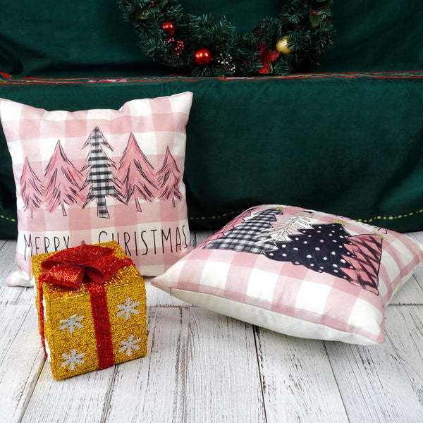Christmas Pillow Covers 18x18 Inch Set of 2 Pink Black Trees Pink Buffalo Plaid Decorative