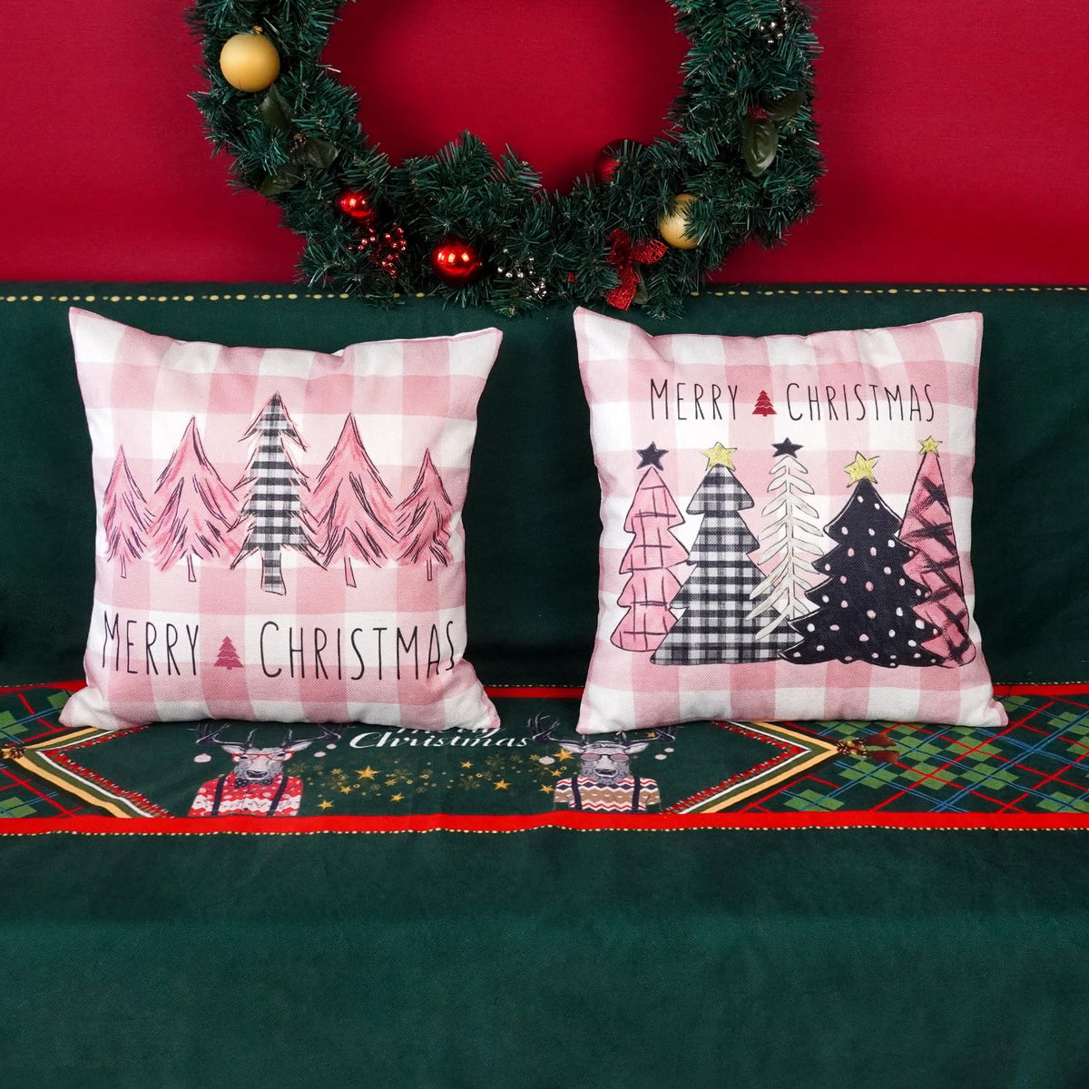 Christmas Pillow Covers 18x18 Inch Set of 2 Pink Black Trees Pink Buffalo Plaid Decorative