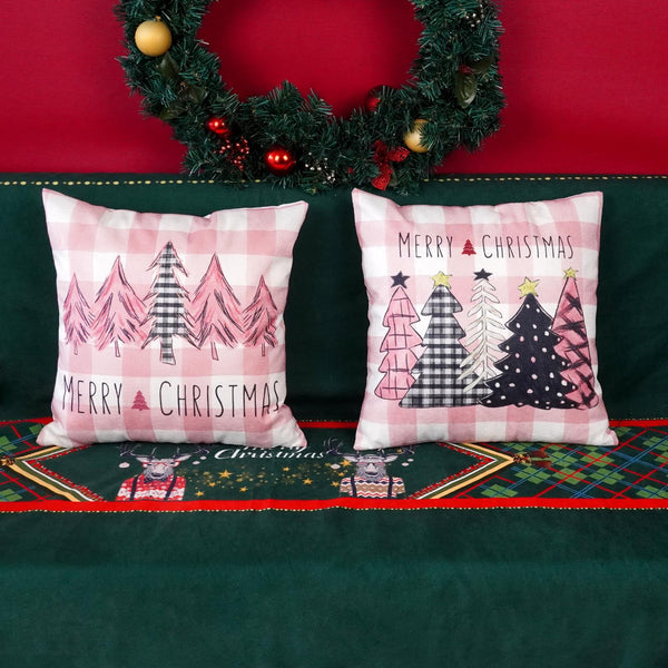 Christmas Pillow Covers 18x18 Inch Set of 2 Pink Black Trees Pink Buffalo Plaid Decorative