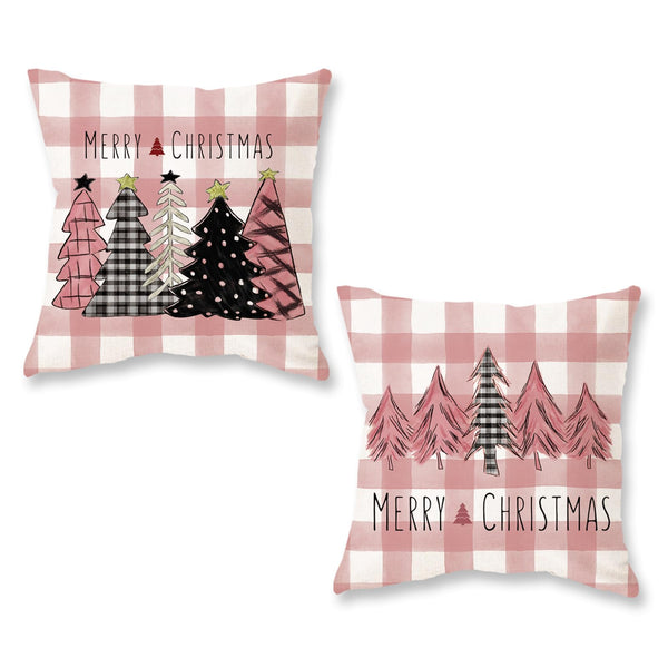 Christmas Pillow Covers 18x18 Inch Set of 2 Pink Black Trees Pink Buffalo Plaid Decorative