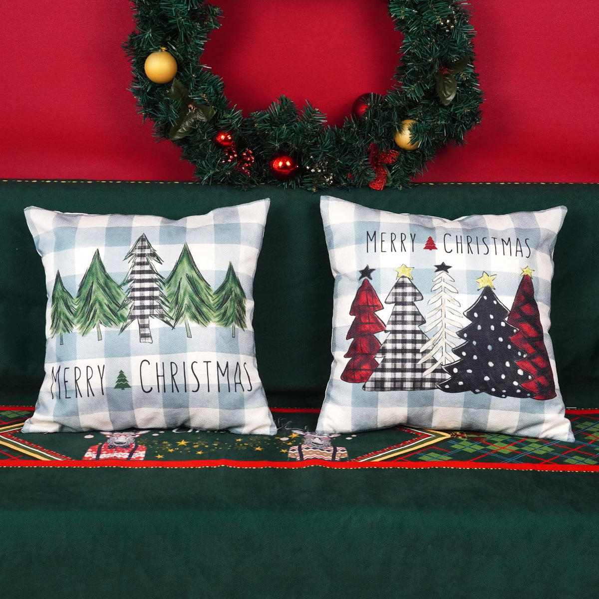 Christmas Pillow Covers 18x18 Inch Set of 2 Trees Red Black Green Light Blue Buffalo Plaid