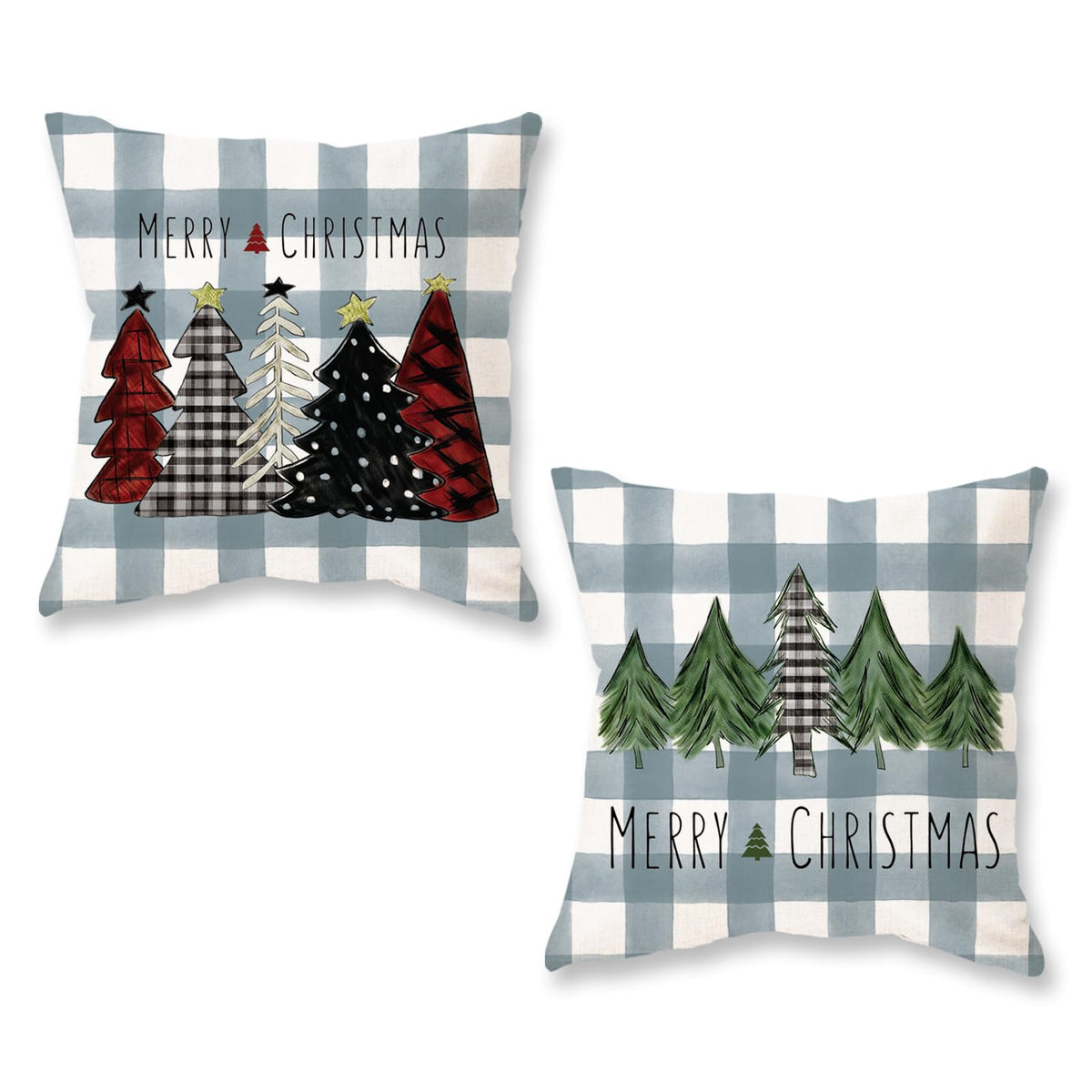 Christmas Pillow Covers 18x18 Inch Set of 2 Trees Red Black Green Light Blue Buffalo Plaid