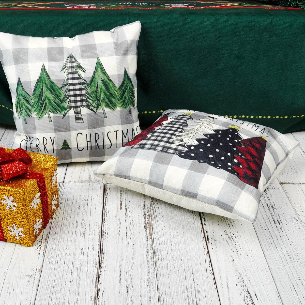 Christmas Pillow Covers 18x18 Inch Set of 2 Trees Red Black Green Grey Buffalo Plaid Decorative