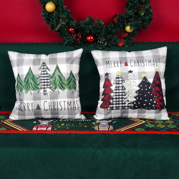 Christmas Pillow Covers 18x18 Inch Set of 2 Trees Red Black Green Grey Buffalo Plaid Decorative