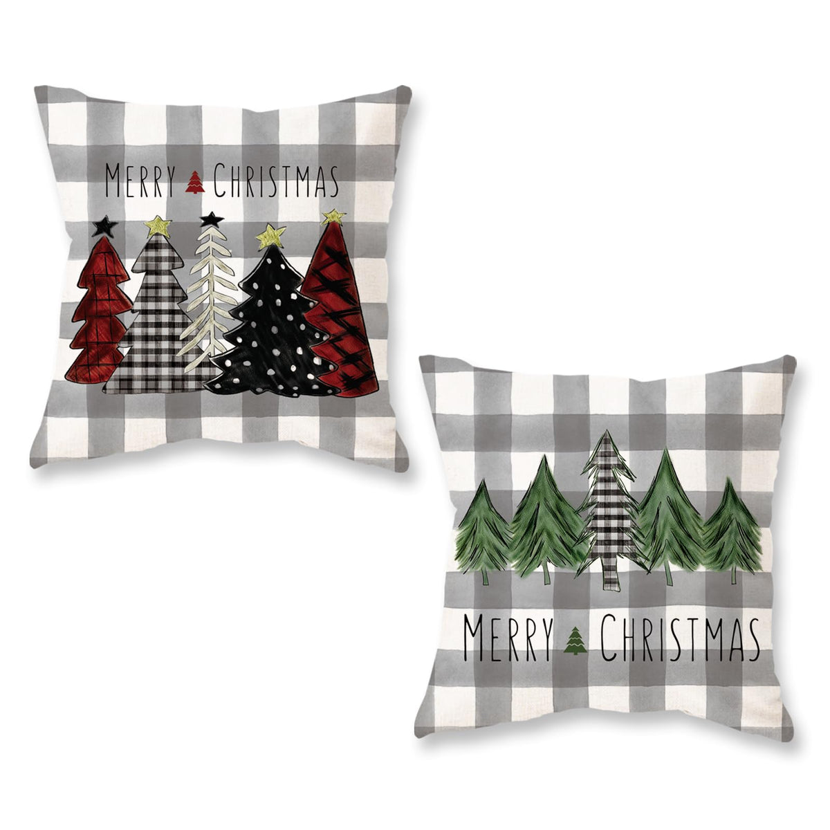 Christmas Pillow Covers 18x18 Inch Set of 2 Trees Red Black Green Grey Buffalo Plaid Decorative