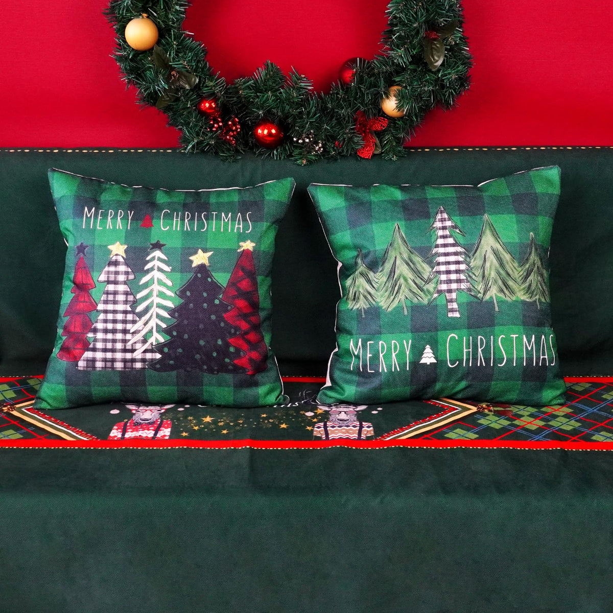 Christmas Pillow Covers 18x18 Inch Set of 2 Trees Red Black Green Decorative