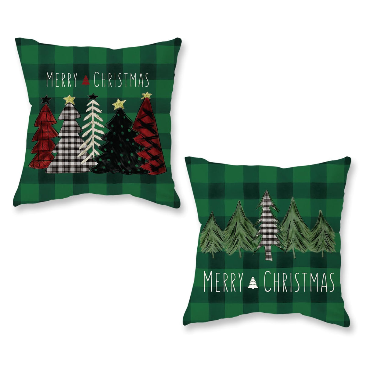 Christmas Pillow Covers 18x18 Inch Set of 2 Trees Red Black Dark Green Buffalo Plaid