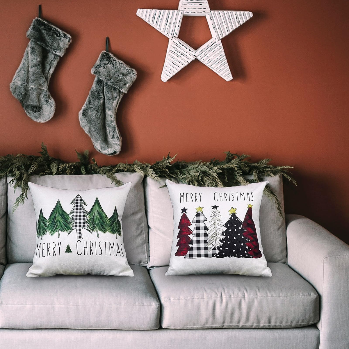 Christmas Pillow Covers 18x18 Inch Set of 2 Xmas Trees Red Buffalo Plaid Black Green Decorative Pillowcases