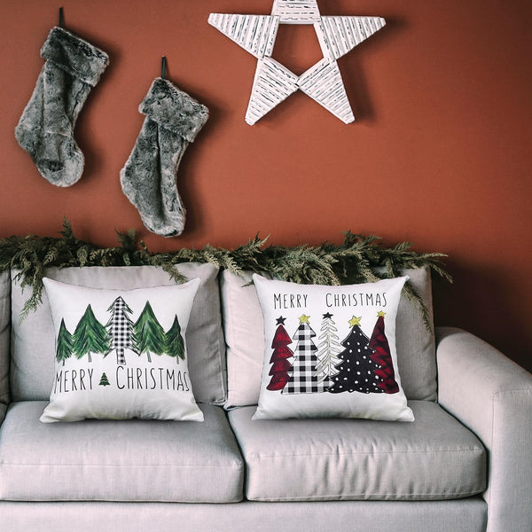 Christmas Pillow Covers 18x18 Inch Set of 2 Xmas Trees Red Buffalo Plaid Black Green Decorative Pillowcases