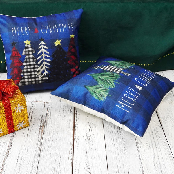 Christmas Pillow Covers 18x18 Inch Set of 2 Trees Red Black Dark Blue Buffalo Plaid Decorative