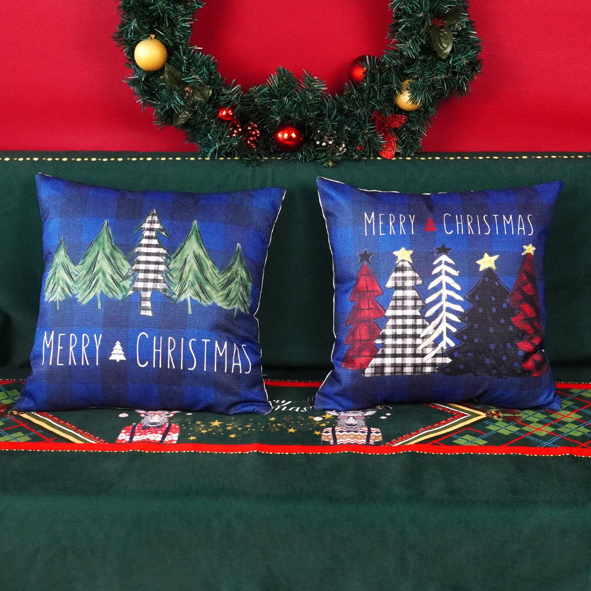 Christmas Pillow Covers 18x18 Inch Set of 2 Trees Red Black Dark Blue Buffalo Plaid Decorative