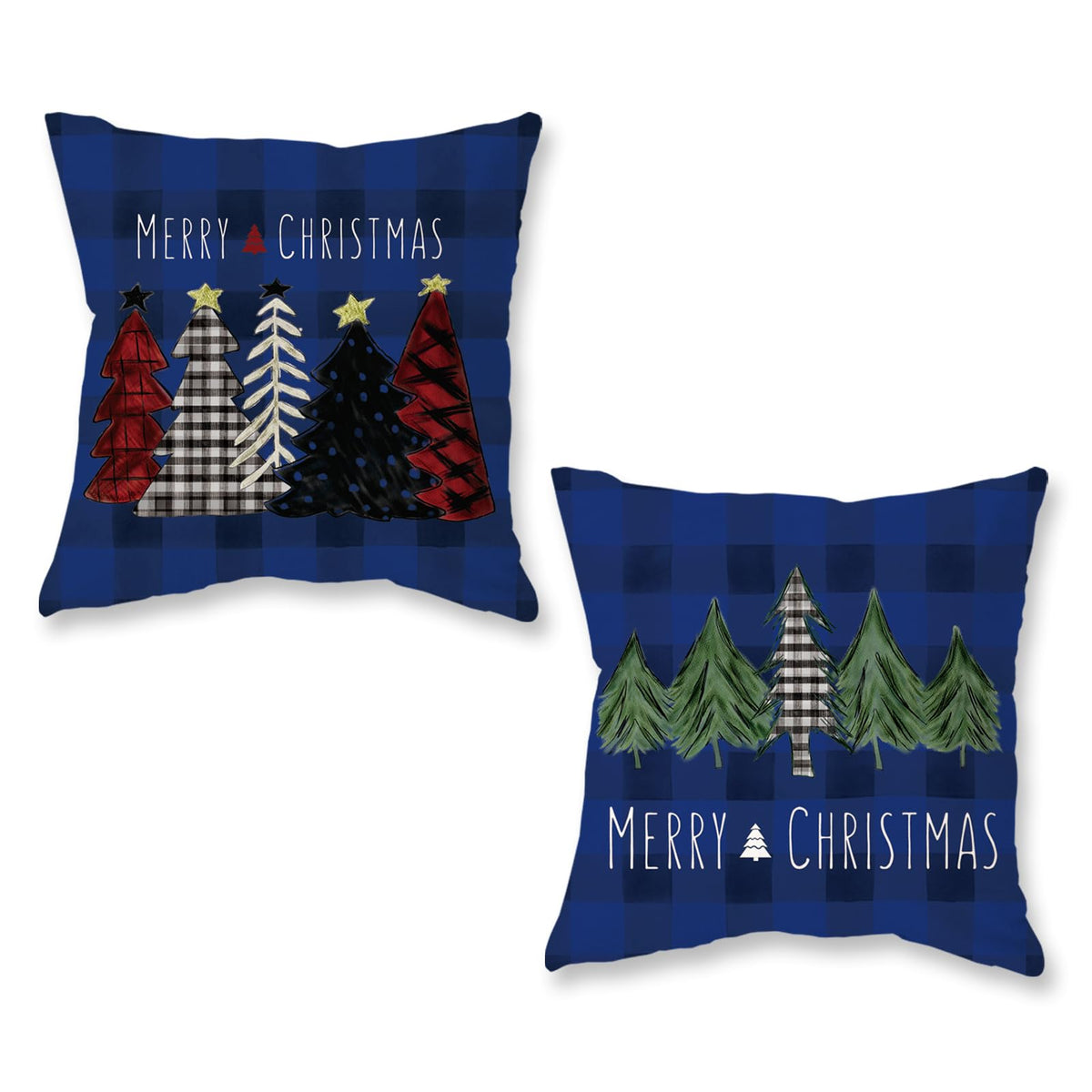 Christmas Pillow Covers 18x18 Inch Set of 2 Trees Red Black Dark Blue Buffalo Plaid Decorative