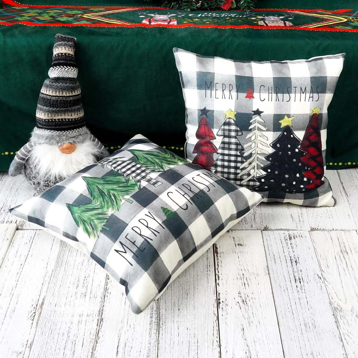 Christmas Pillow Covers 18x18 Inch Set of 2 Gray and White Trees Buffalo Plaid Decorative