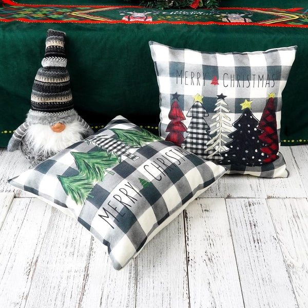 Christmas Pillow Covers 18x18 Inch Set of 2 Gray and White Trees Buffalo Plaid Decorative