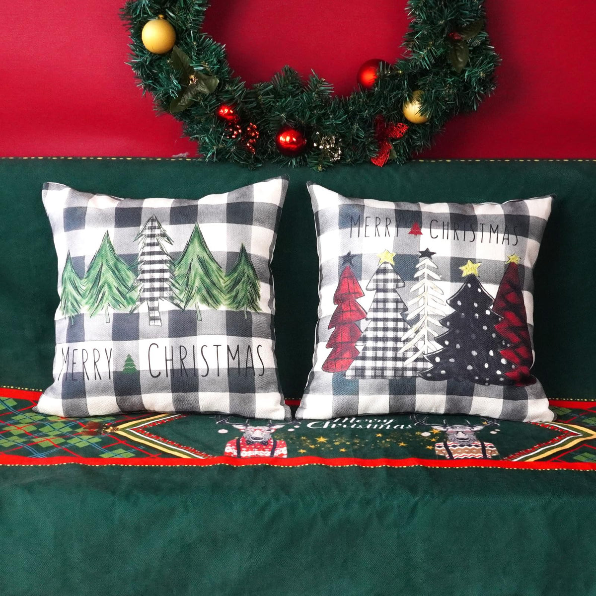 Christmas Pillow Covers 18x18 Inch Set of 2 Gray and White Trees Buffalo Plaid Decorative