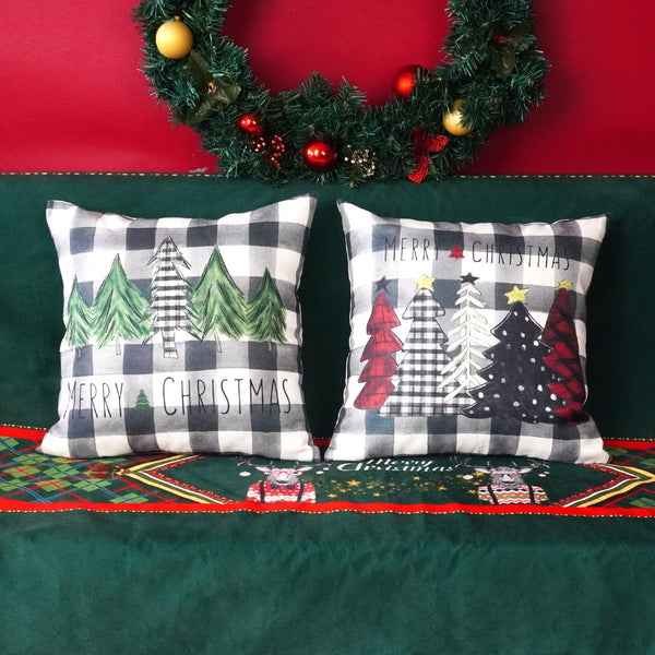 Christmas Pillow Covers 18x18 Inch Set of 2 Gray and White Trees Buffalo Plaid Decorative