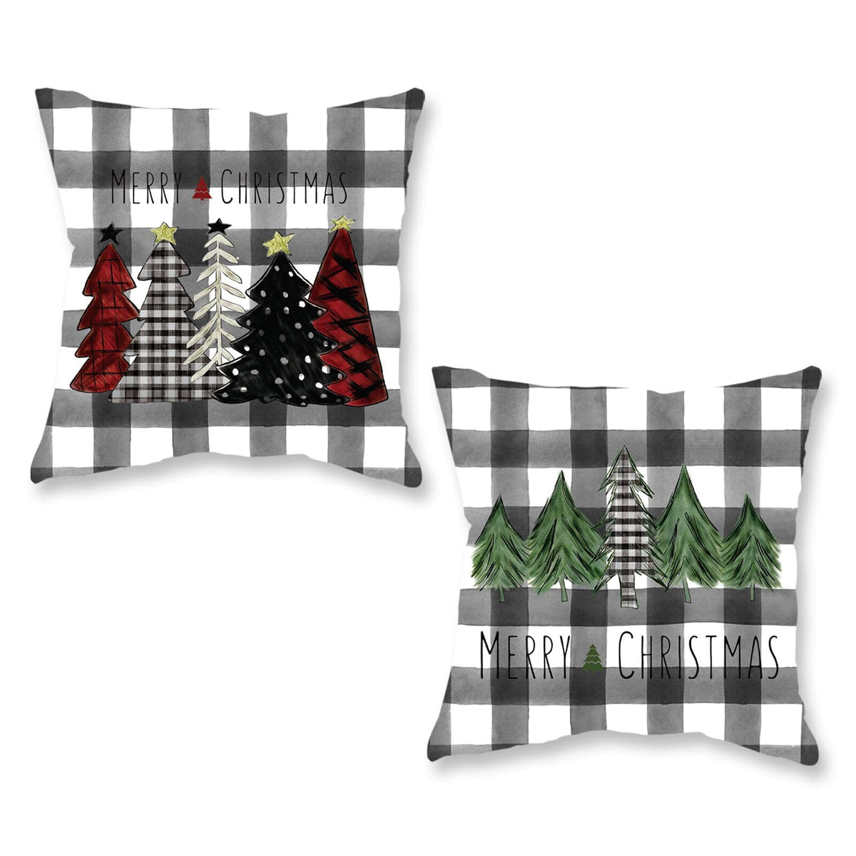 Christmas Pillow Covers 18x18 Inch Set of 2 Gray and White Trees Buffalo Plaid Decorative