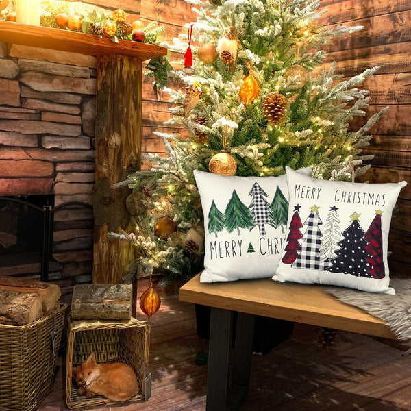 Christmas Pillow Covers 18x18 Inch Set of 2 Xmas Trees Red Buffalo Plaid Black Green Decorative Pillowcases