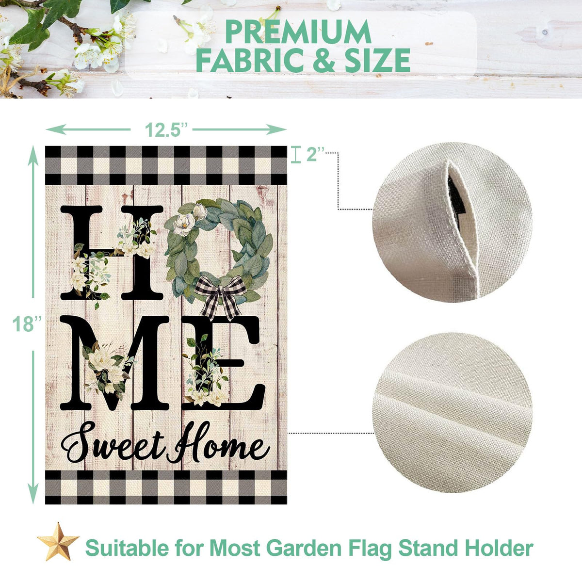 Home Sweet Home Magnolia Garden Flag 1-Sided 12x18 Inch Spring Summer Buffalo Plaid Check