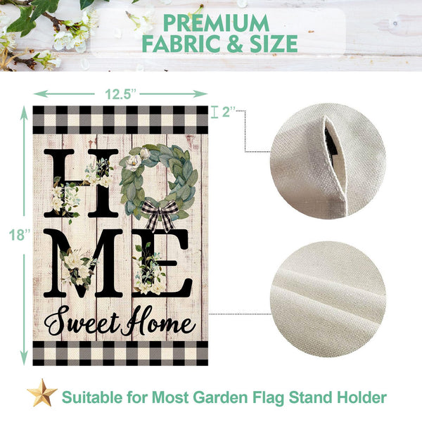 Home Sweet Home Magnolia Garden Flag 1-Sided 12x18 Inch Spring Summer Buffalo Plaid Check