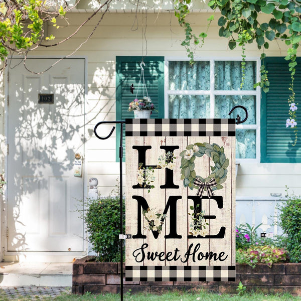Home Sweet Home Magnolia Garden Flag 1-Sided 12x18 Inch Spring Summer Buffalo Plaid Check