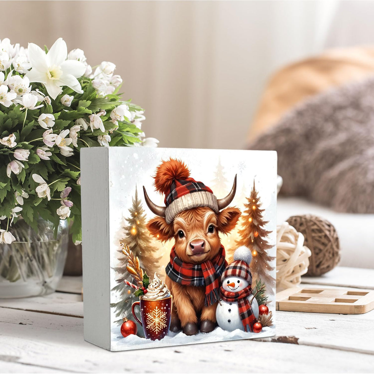 Christmas Highland Cow Wooden Box Sign Desk Decor, Highland Cow Christmas Decorations