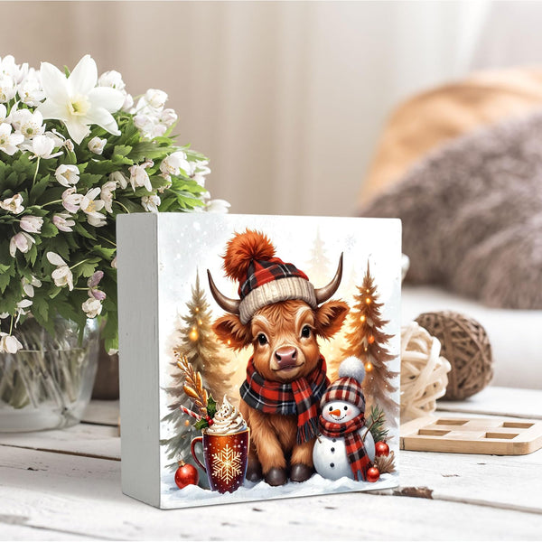 Christmas Highland Cow Wooden Box Sign Desk Decor, Highland Cow Christmas Decorations