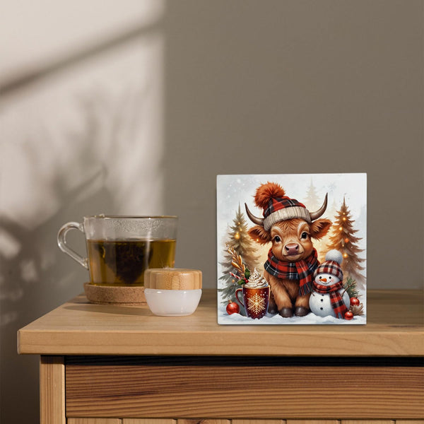 Christmas Highland Cow Wooden Box Sign Desk Decor, Highland Cow Christmas Decorations