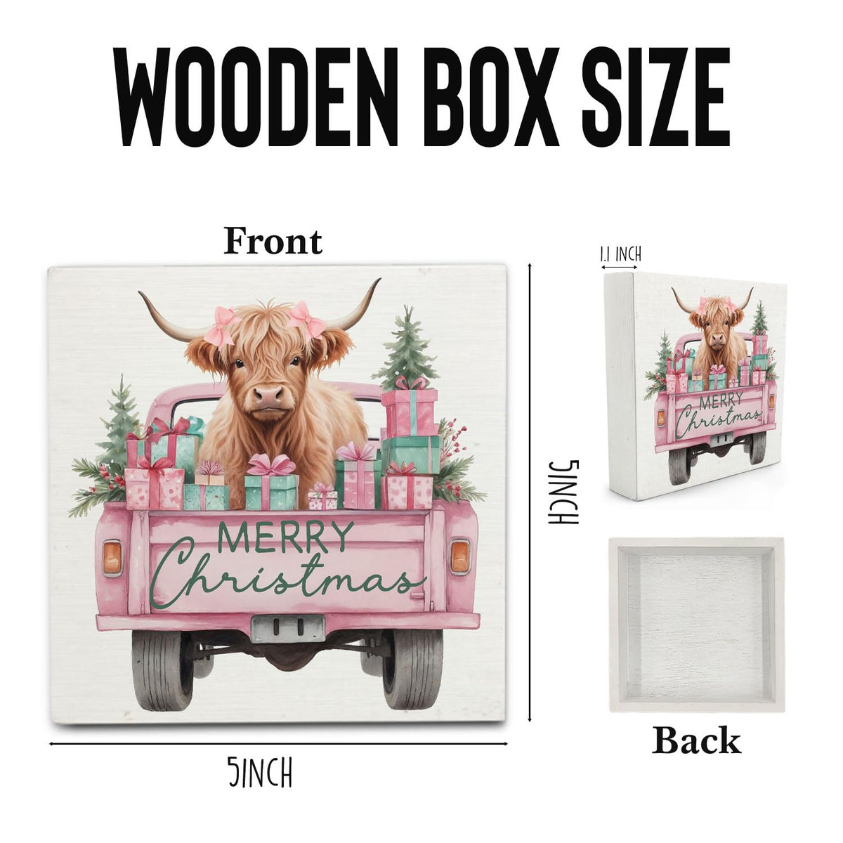Pink Christmas Highland Cow Wooden Box Sign Desk Decor, Christmas Tree Pickup Truck Highland Cattle