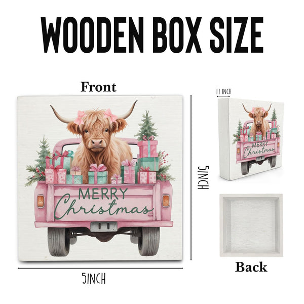Pink Christmas Highland Cow Wooden Box Sign Desk Decor, Christmas Tree Pickup Truck Highland Cattle