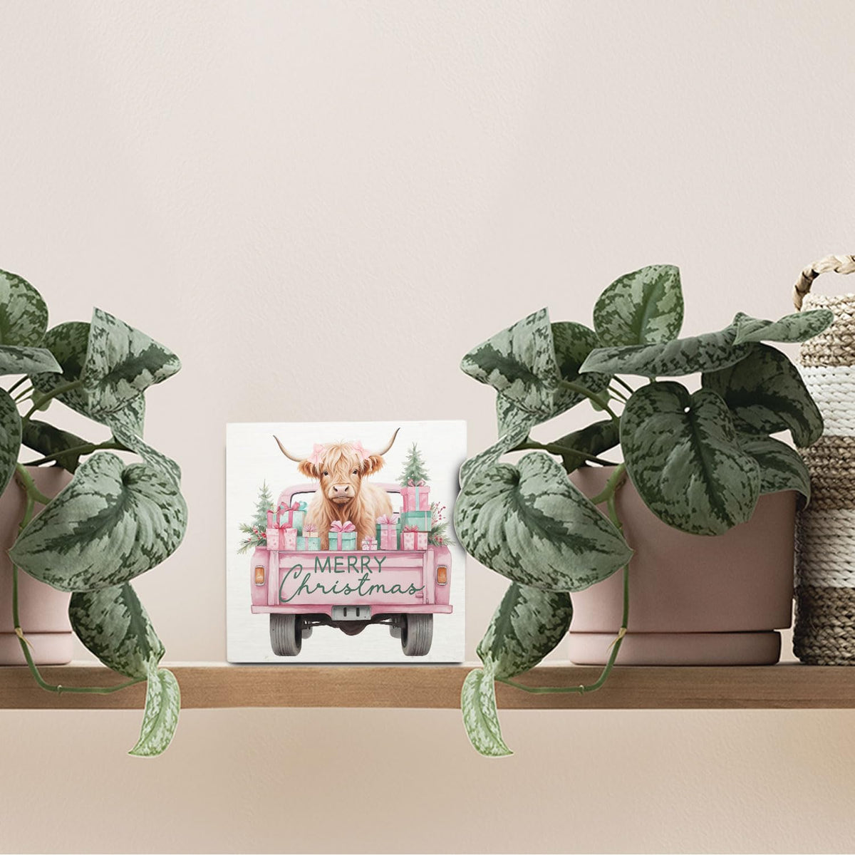 Pink Christmas Highland Cow Wooden Box Sign Desk Decor, Christmas Tree Pickup Truck Highland Cattle
