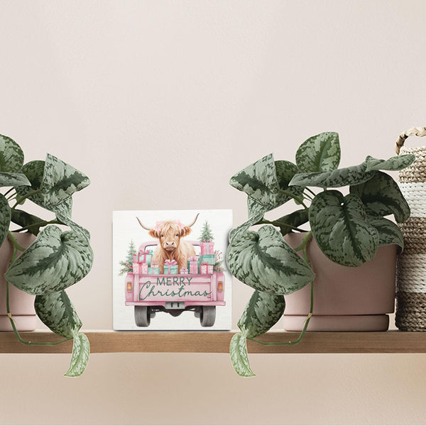 Pink Christmas Highland Cow Wooden Box Sign Desk Decor, Christmas Tree Pickup Truck Highland Cattle